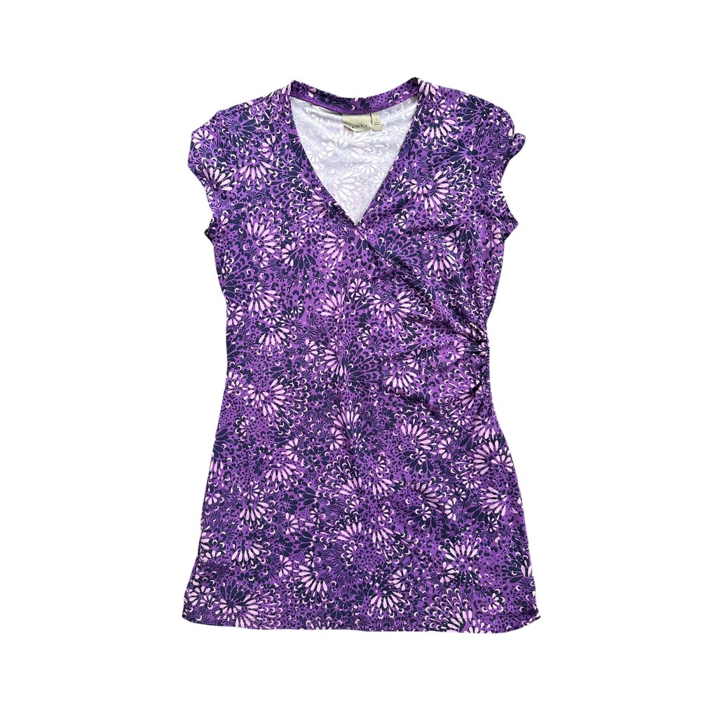 Athleta Faux Wrap Dress Womens Small Purple Floral Ruched V-Neck Sleeveless Mini